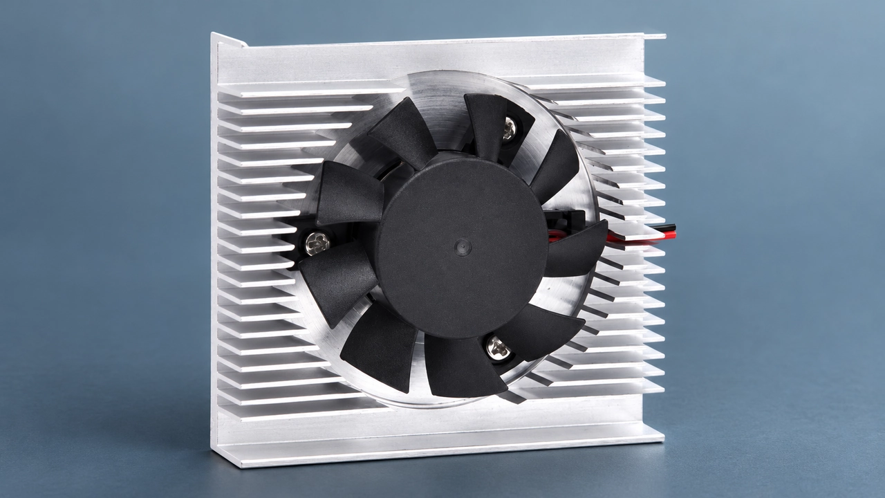 Disipador de calor compacto de aluminio con ventilador, aletas visibles y cables de alimentación a la vista.