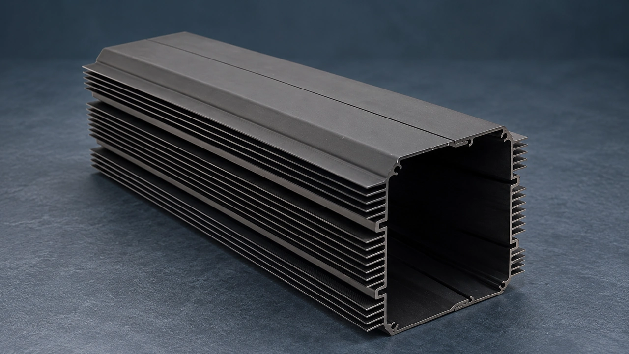 Carcasa de metal negro con aletas de refrigeración externas integradas y un extremo abierto.