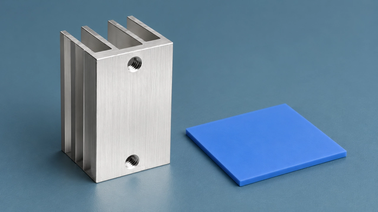 Base de disipador de calor de aluminio con dos orificios roscados junto a una almohadilla de interfaz térmica azul.