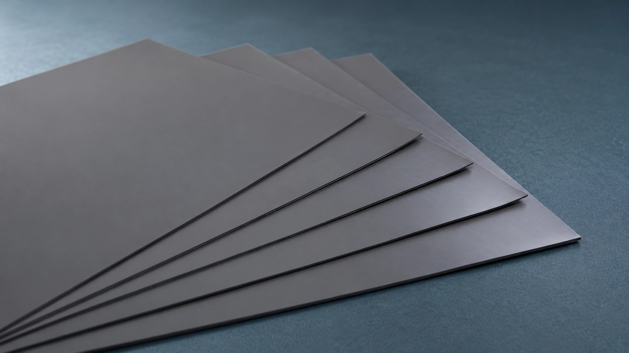 Cinco láminas absorbentes de microondas de color gris oscuro superpuestas sobre una superficie de pizarra.