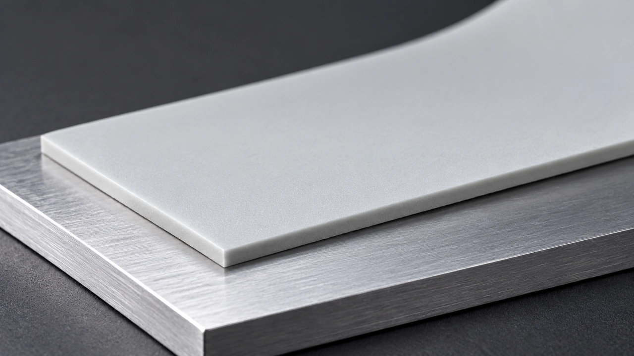 Primer plano del borde de una almohadilla térmica de silicona gris que descansa sobre una superficie de aluminio lisa.