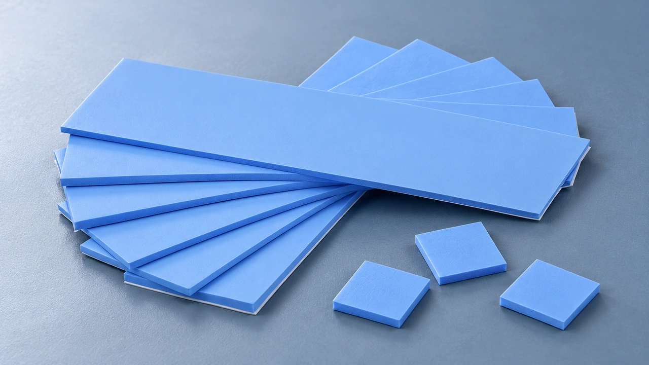 Láminas de almohadillas térmicas de silicona azul y piezas cuadradas precortadas sobre una superficie azul grisácea.