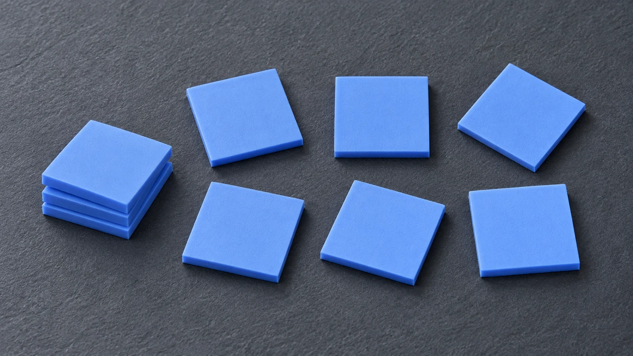 Almohadillas térmicas cuadradas de silicona azul precortadas, dispuestas sobre una superficie de pizarra.