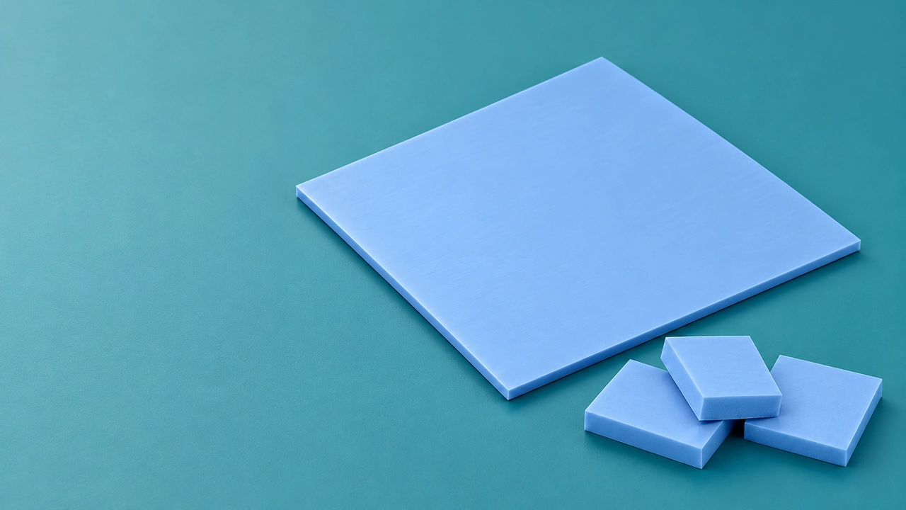 Lámina de almohadilla térmica de silicona azul y tres rectángulos precortados sobre una superficie verde azulada.