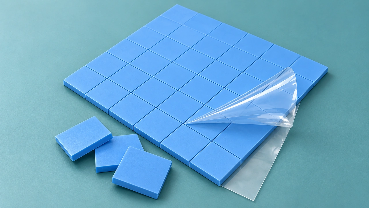 Lámina de almohadilla térmica de silicona azul con película protectora antiadherente y piezas precortadas.