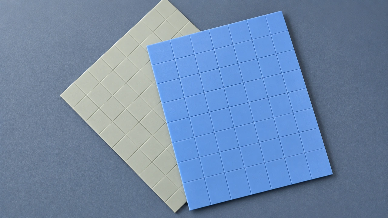 Láminas de almohadillas térmicas de silicona precortadas de color azul y gris superpuestas sobre una superficie azul grisácea.